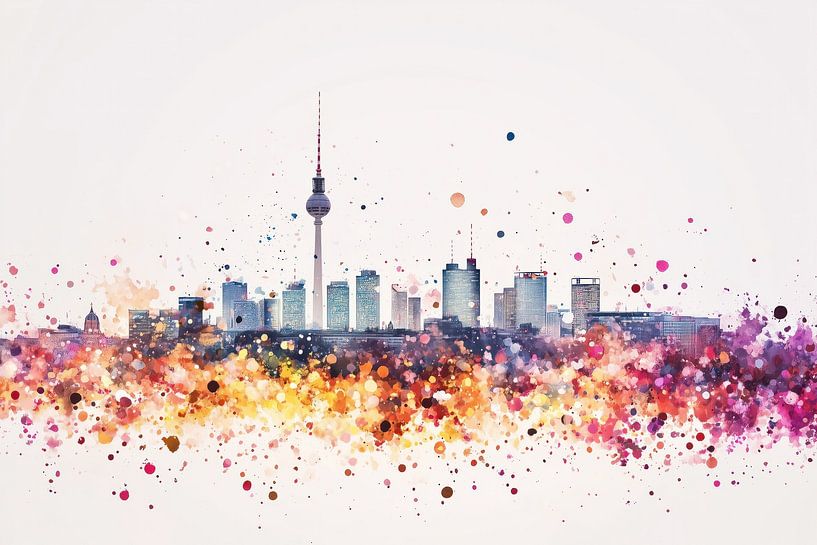 Minimalistisches Kunstwerk: Berliner Skyline mit Farbexplosion von Thea