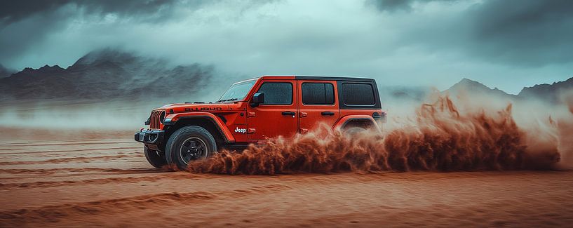 Rode Jeep Wrangler bij zonsondergang in de duinen van Lufy