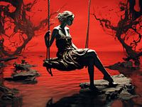 vrouw kleur rood meer schommel surrealistisch water eenzaamheid passie