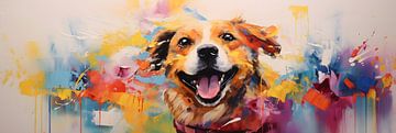 Vrolijk Schilderij hond: Een Abstract Kleurrijk Schilderij van een vrolijke hond van Surreal Media