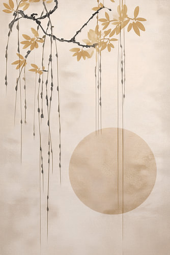 Zen Art. Wilgentak bij ondergaande zon in zachte aardetinten