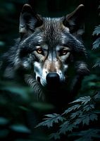 Portrait de loup dans une forêt sombre