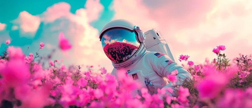Astronaut among pink flowers by Poster Art Shop