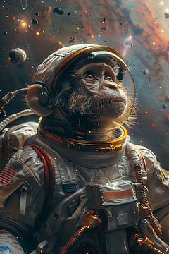 Aap astronaut in de ruimte met helm concept rendering van Felix Brönnimann
