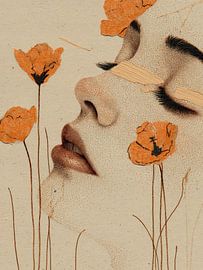 Verträumtes Frauenporträt mit orangefarbenen Mohnblumen – Beruhigende Fine-Art-Wanddekoration von SPEQ ART