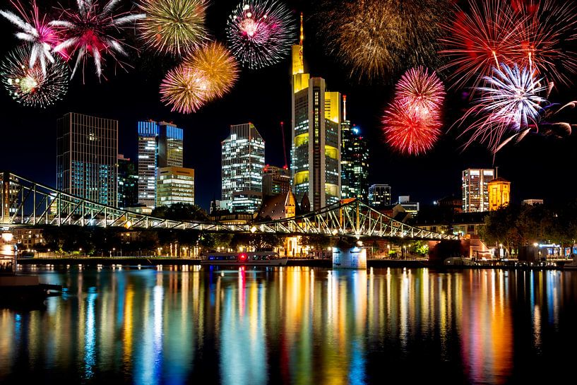 Fireworks over the skyline of Frankfurt at night by ManfredFotos