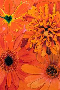 Mischtechnik mit verschiedenen Blumen in Orange.