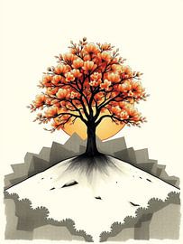 Serene Autumn Bloom: A Vibrant Tree of Life Ascending a Mountain with Golden Sunset Glow and Intricate Roots by Artistic