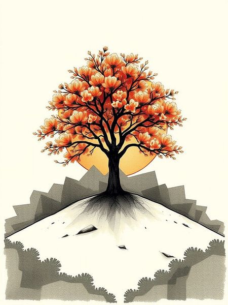 Serene Autumn Bloom: A Vibrant Tree of Life Ascending a Mountain with Golden Sunset Glow and Intricate Roots by Artistic