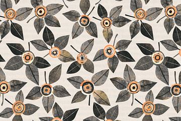 Anthraciet en Canthaloupe bloemen - Japandi - patroon met lichte achtergrond van Aribombari - Ariane Nijssen