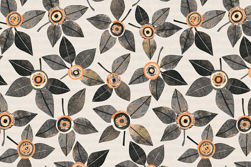 Anthraciet en Canthaloupe bloemen - Japandi - patroon met lichte achtergrond