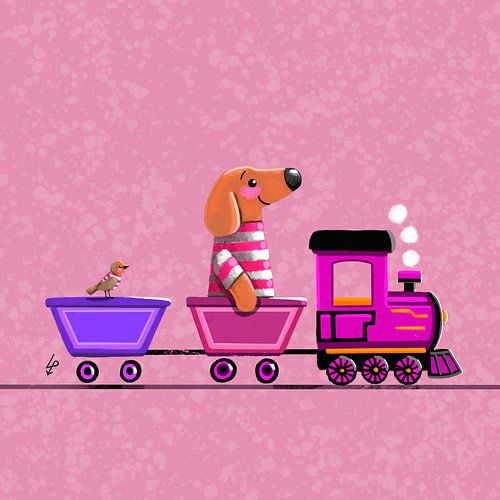 Tiny Dachshund Tobie rides a train - pink by Linda van Putten