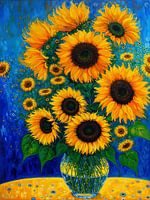 A vase with colourful sunflowers