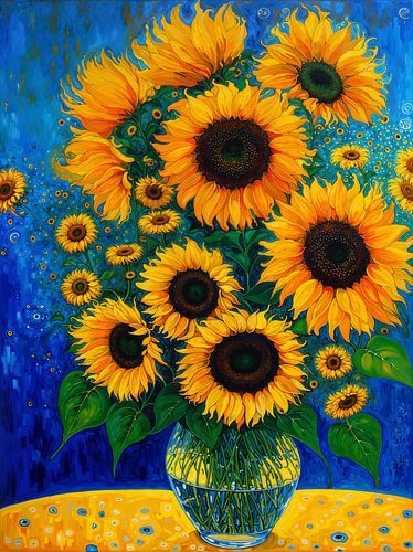 Eine Vase mit bunten Sonnenblumen