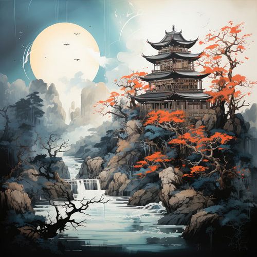 Japanse pagode bij de waterval in het maanlicht