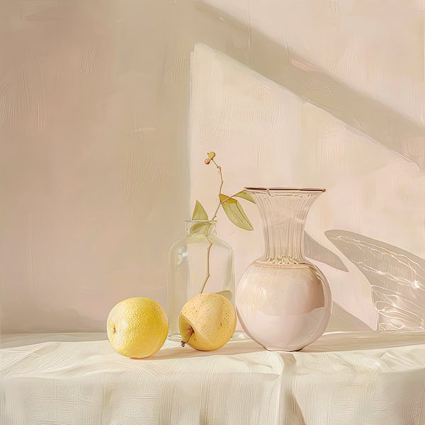 Still life with plant, fruit and vase in pink pastel painting by Vlindertuin-Art