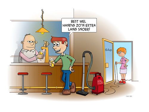 Cartoon; Een geëmancipeerde man helpt waar hij kan!