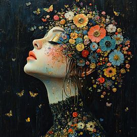 Femme rêveuse entourée de fleurs sur Peintures accrocheuses