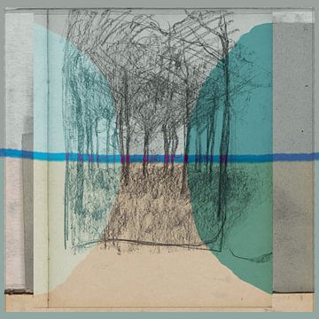 Moderne abstrakte Mischtechnik. Collage mit einer Landschaft mit Bäumen in Beige und Blau von Dina Dankers