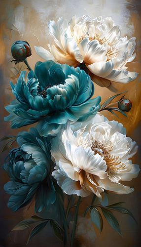 Levendig acryl schilderij van pioenrozen in weelderige kleuren