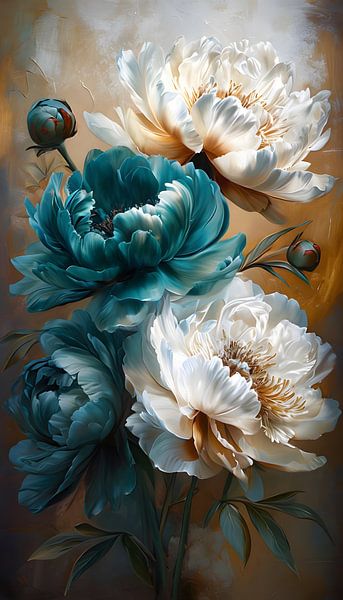 Lively acrylic painting of peonies in lush colours by Ljupka Kareska