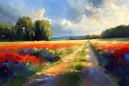 Kleurrijk schilderij van bloemenveld met bomen