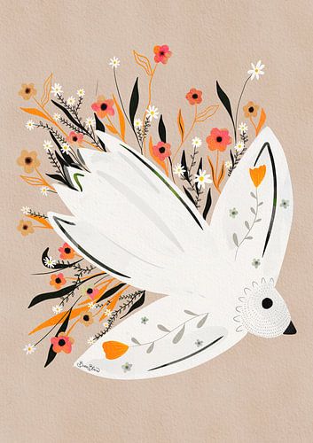 Illustration d'une mouette dans des fleurs
