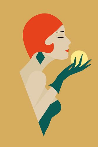 My Sun, abstract en profil portret vrouw rood haar en zon, oker