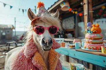 Horse with party hat and sunglasses celebrating a birthday by Felix Brönnimann
