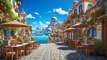 Petit village au bord du lac avec cathédrale en Italie, illustration peinte sur Animaflora PicsStock