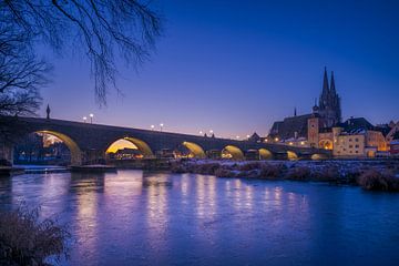 Morgendämmerung Steinerne Brücke und Dom in Regensburg im Winter