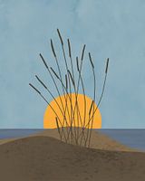 Minimalistische illustratie van duinen en een oranje zon