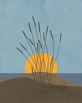 Minimalist illustration of dunes and an orange sun