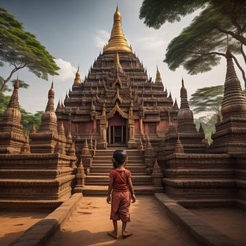 Klein meisje bij een tempel in Myanmar van Gert-Jan Siesling