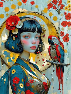 Portrait with parrot and flowers by Sandu Brus ARCANE ART STUDIO