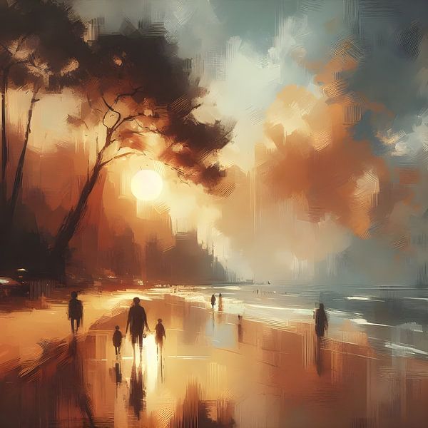 Family on Beach with Pines by FoXo Art