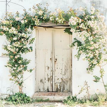Oude witte muur met deur en witte klimrozen van Vlindertuin Art