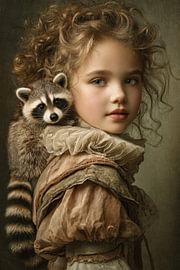Fille avec un raton laveur - Portrait rêveur aux tons ocres sur Dessins et peintures de Peter Pen