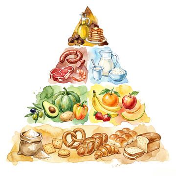 food and drink pyramid infographics, watercolor illustration by Ariadna de Raadt-Goldberg
