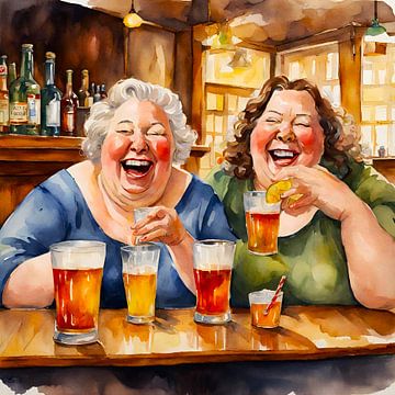2 sociable ladies drink beer in the pub by De gezellige Dames