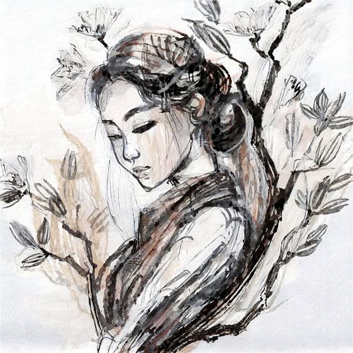 Femme asiatique aux yeux fermés - esquisse au crayon