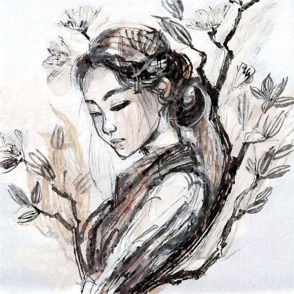 Femme asiatique aux yeux fermés - esquisse au crayon par Jan Bouma