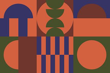Groen, blauw, oranje, bruin II. Geometrische kunst in 70s retro kleuren van Dina Dankers