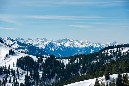 Winter view of the Kleinwalsertal valley, Widderstein and the Allgäu Alps