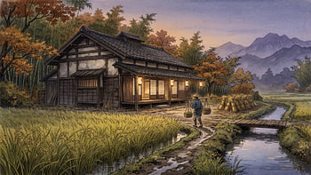 Autumn Evening Beside the Japan Rice Fields
