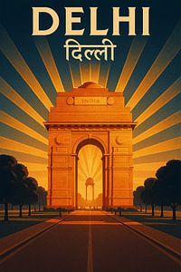 Delhi India Gate Poster - Vintage Monument & Rajpath Sonnenaufgang Kunst