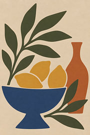 Modernes, minimalistisches Stillleben – Zitronen und Keramikvase in warmen Erdtönen | Zeitgenössische Wandkunst für die Küche von Timeless Artworks