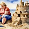Une femme sociable construit un château de sable sur la plage sur De gezellige Dames