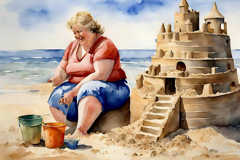 Sociable lady builds a sandcastle on the beach by De gezellige Dames