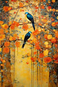Goldene Vögel und Blumen